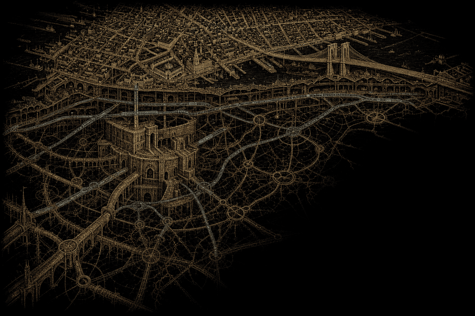 A fictional map of Manhattan and the hidden roads beneath it
